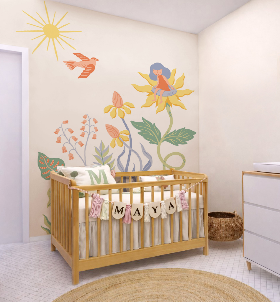 Hand-painted nursery mural featuring oversized flowers, a girl sitting on a sunflower and a flying bird in a soft botanical children's room.